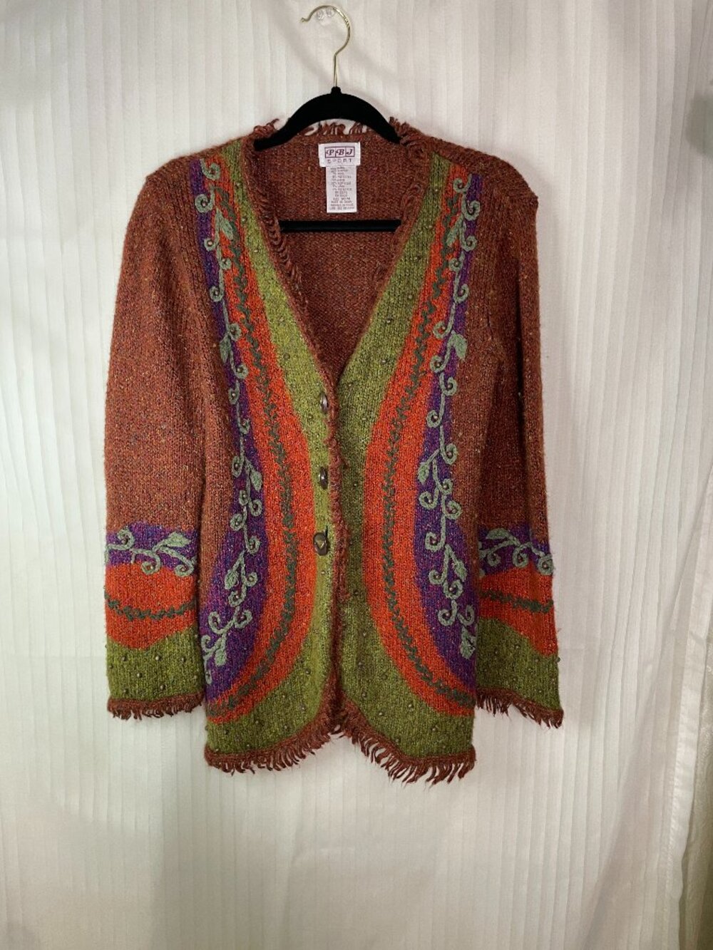PBJ Sport Cardigan Sweater Women's M Boho Fringe Beaded Embroidered Ramie Blend